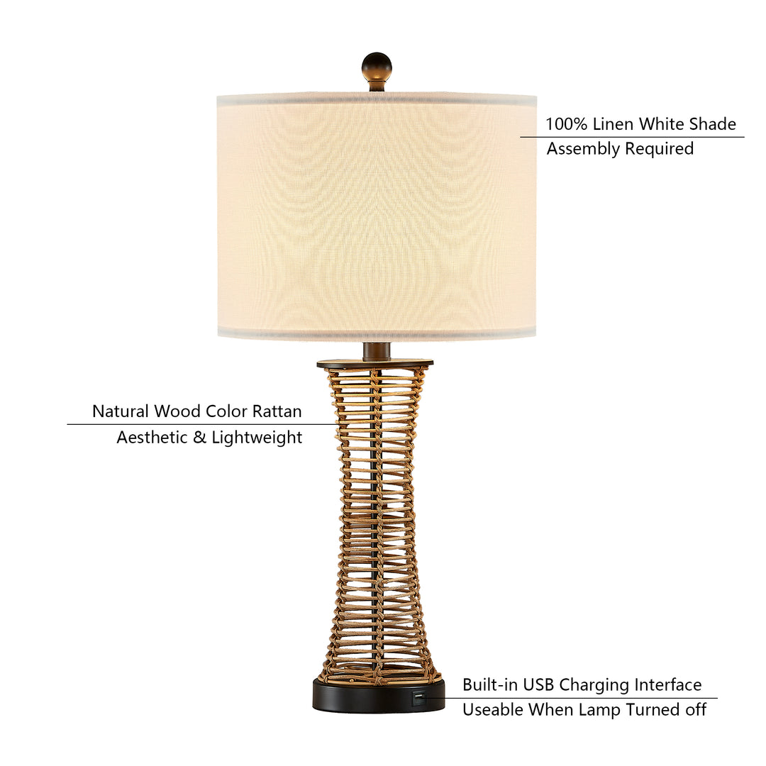 26.5'' Wicker Traditional Table Lamp With Usb (Set of 2) #T229