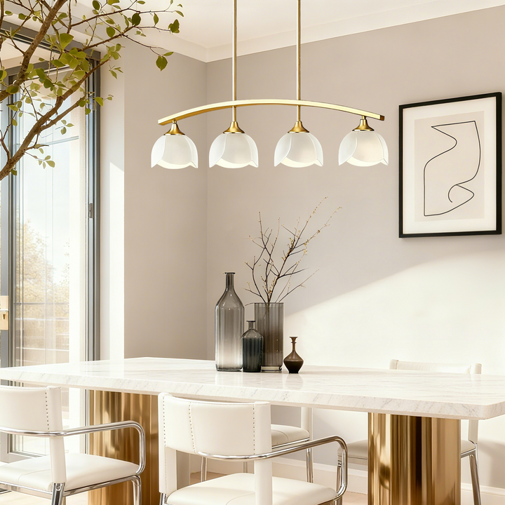 Twilight 4-Light 36"W Black/Brass Modern Linear Pendant Chandelier With Flower Frosted Glass Shades For Dining Room Or Kitchen Island #P39015