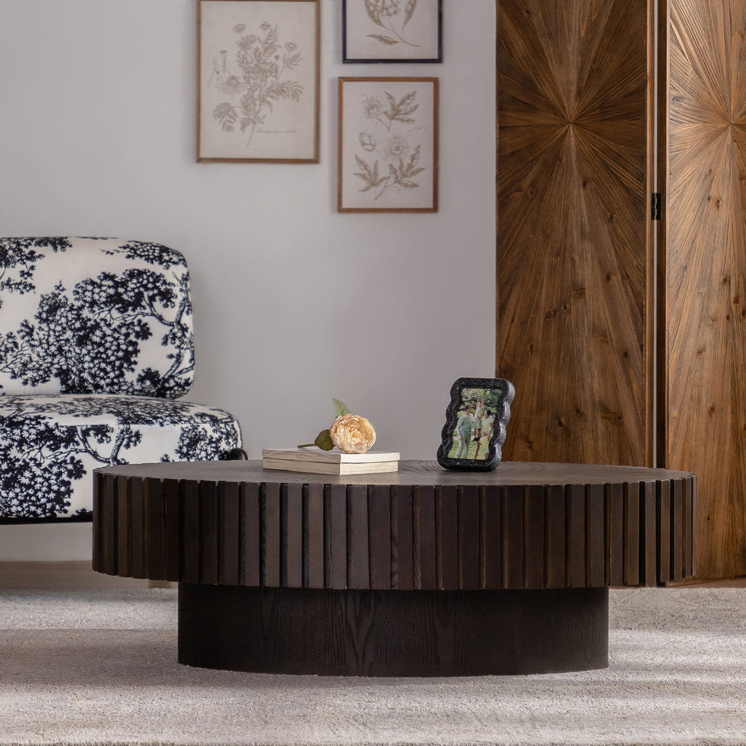 Timeless Round Coffee Table Handcrafted Relief Wooden Olive-Shaped Tea Table For Living Room #25013