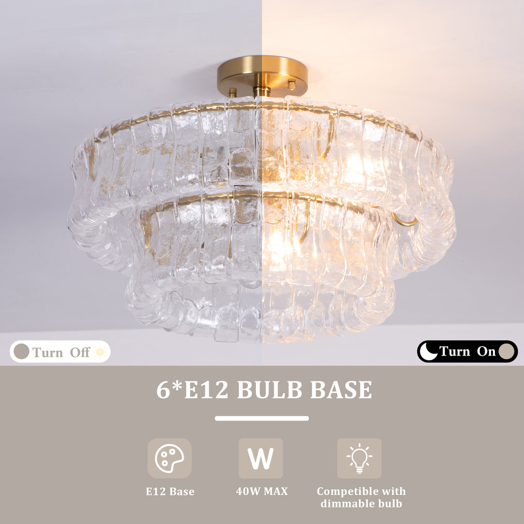 Lumen 20" 6-Light Brushed Brass Double-Layer Clear Artistic Glass Unique / Statement Semi-Flush Mount For Living Room/Bedroom #19235