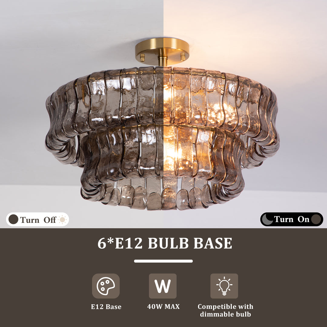 Lumen 20" 6-Light Brushed Brass Double-Layer Clear Artistic Glass Unique / Statement Semi-Flush Mount For Living Room/Bedroom #19235