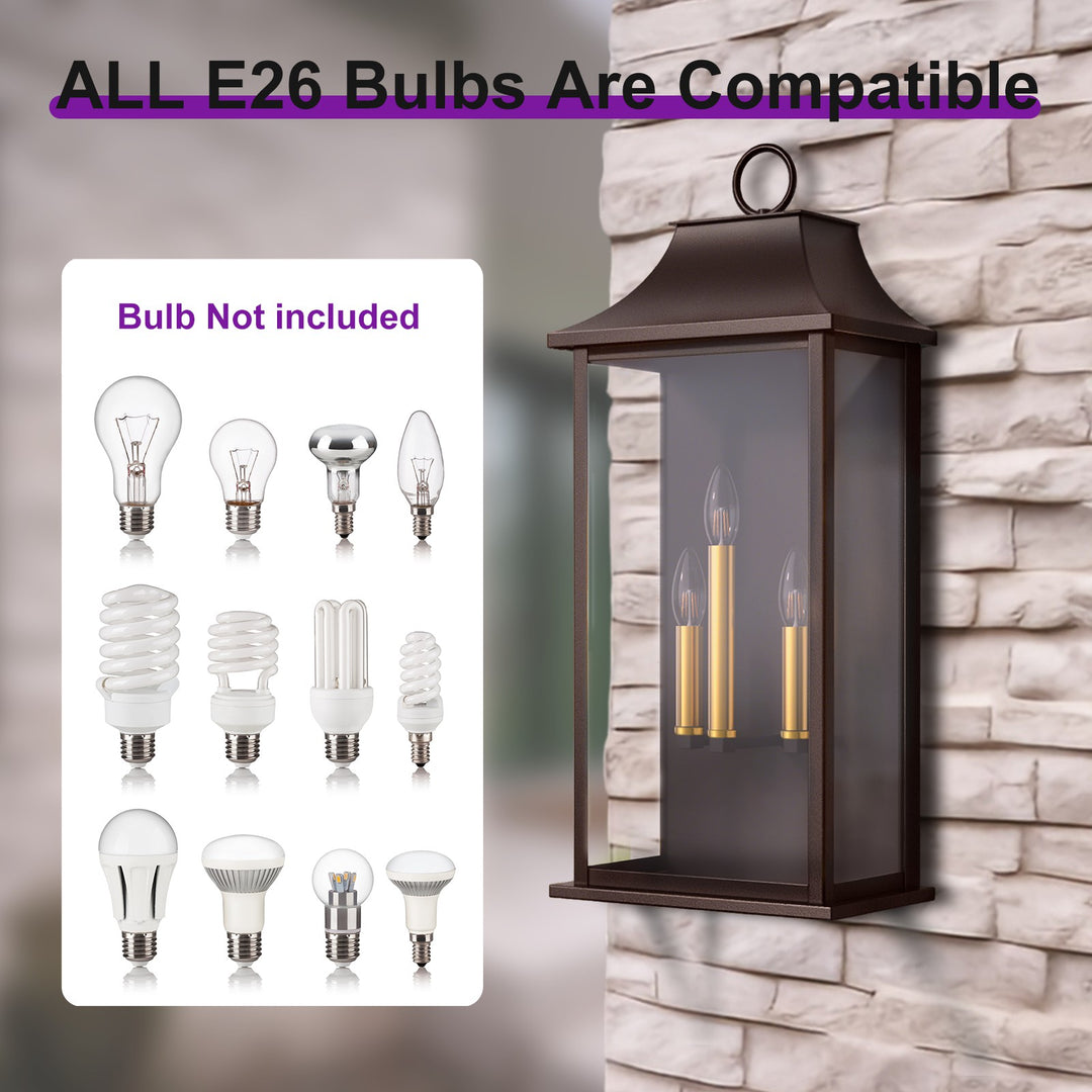 Maxax 25-Inch Bronze Outdoor Wall Lantern, 3-Light Dusk to Dawn Outdoor Wall Sconce for Porch, Patio #7008