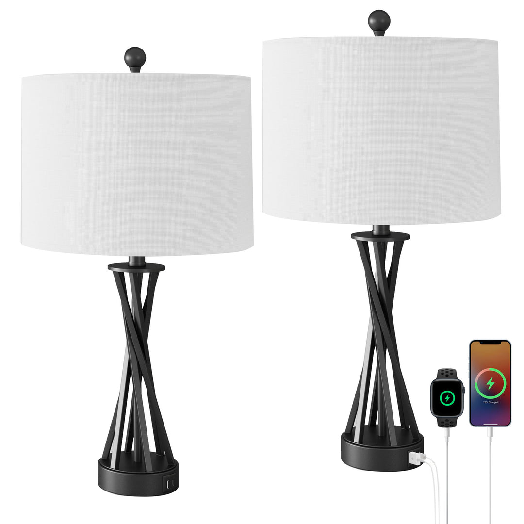 24'' Black Modern Metal Table Lamp With USB Ports #T257