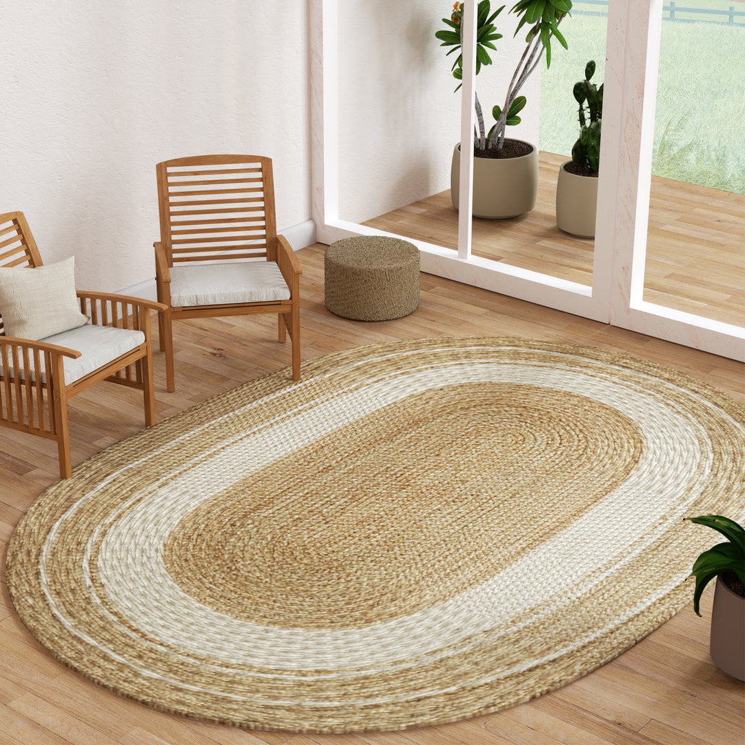 4modernhome Jute Hand Braided Zigzag Stitch Natural Fibers Farmhouse Style Area Rug For Dining Room Living Room Kitchen, Off White/Natural #DT23-5