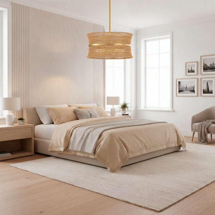 4-Light Rattan Shaded Drum Chandelier For Dinning Room #28026