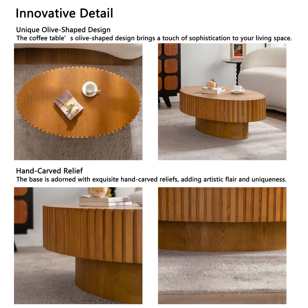 Timeless Round Coffee Table Handcrafted Relief Wooden Olive-Shaped Tea Table For Living Room #25013