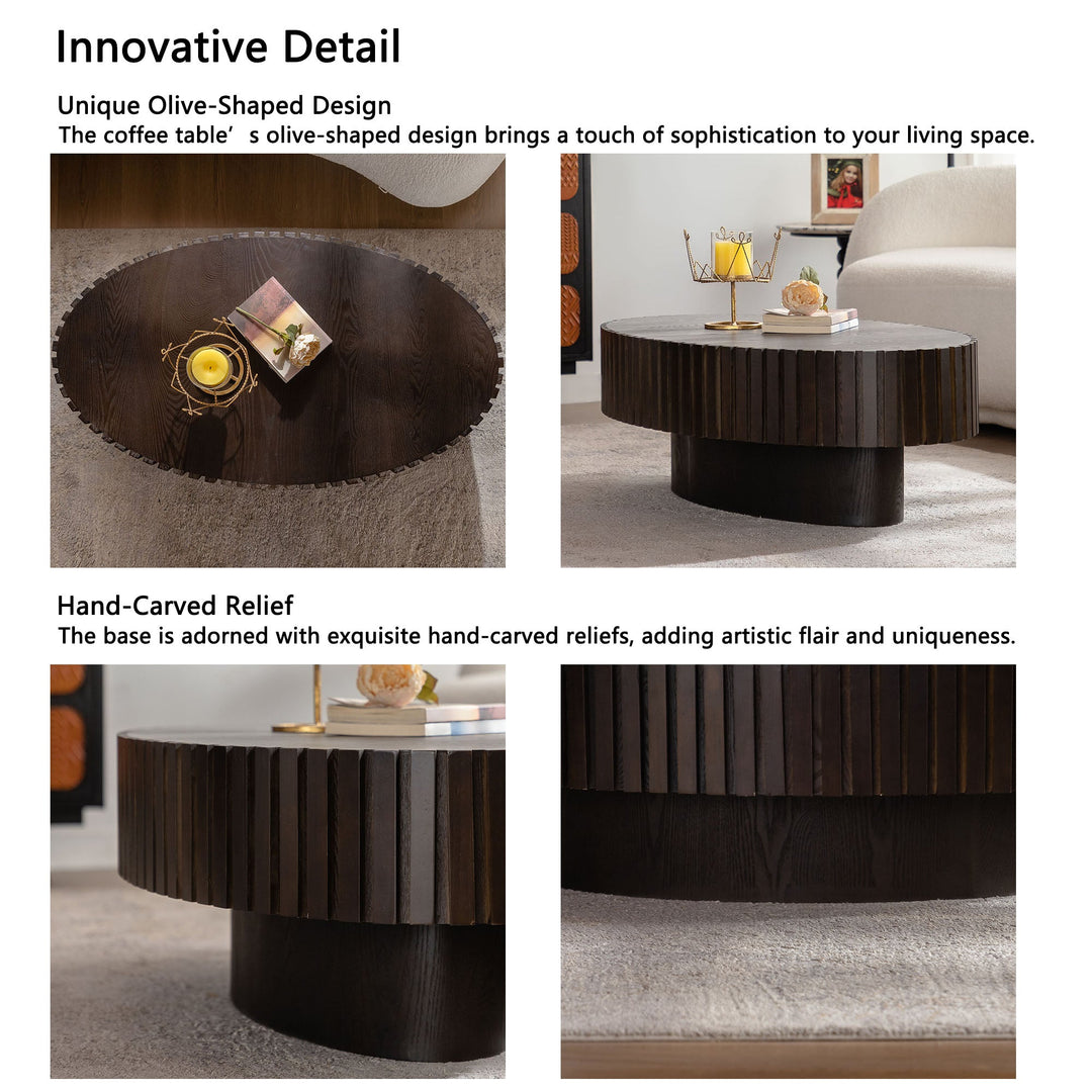 Timeless Round Coffee Table Handcrafted Relief Wooden Olive-Shaped Tea Table For Living Room #25013
