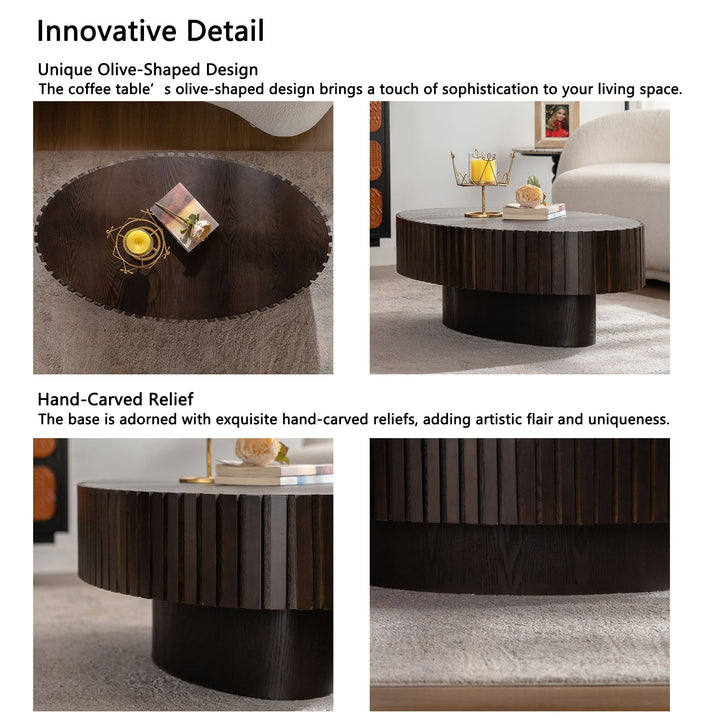 Timeless Round Coffee Table Handcrafted Relief Wooden Olive-Shaped Tea Table For Living Room #25013