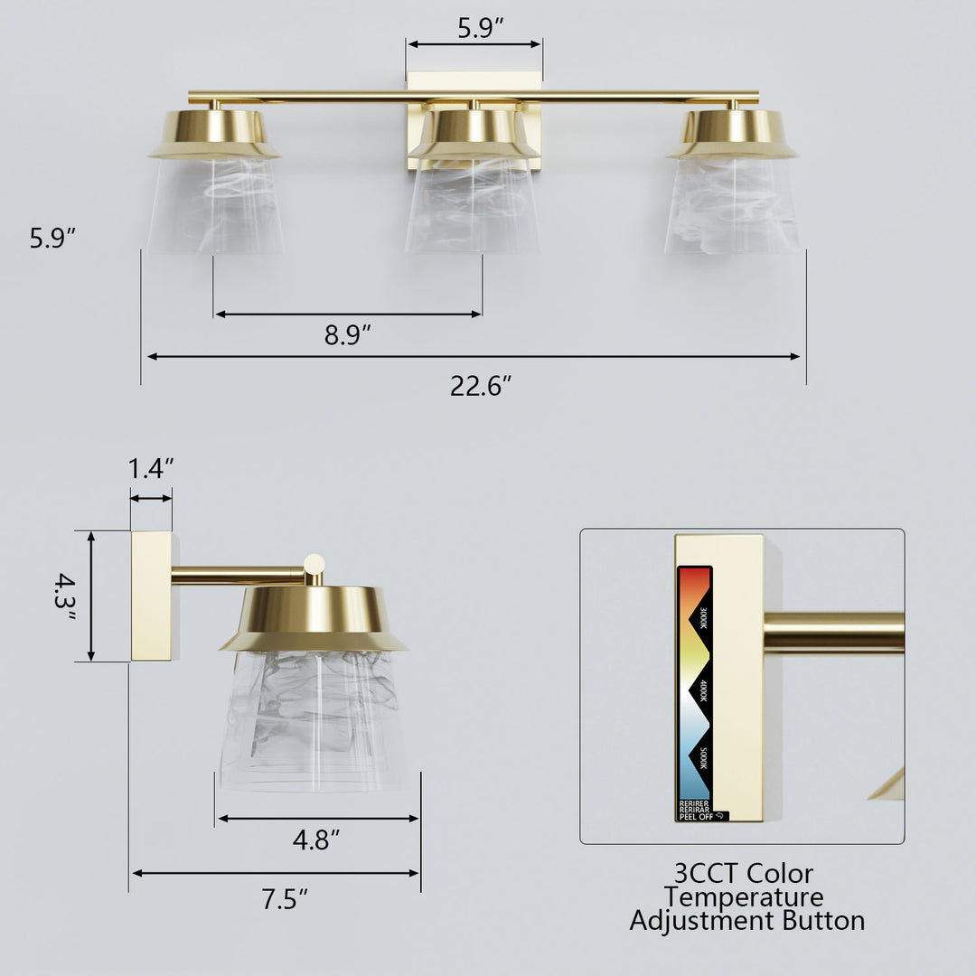 Glimmer 22.6w" 3-light Led Dimmable 3000k/4000k/5000k 3cct ETL Certificated Vanity Light With Patterned Glass #MX21055