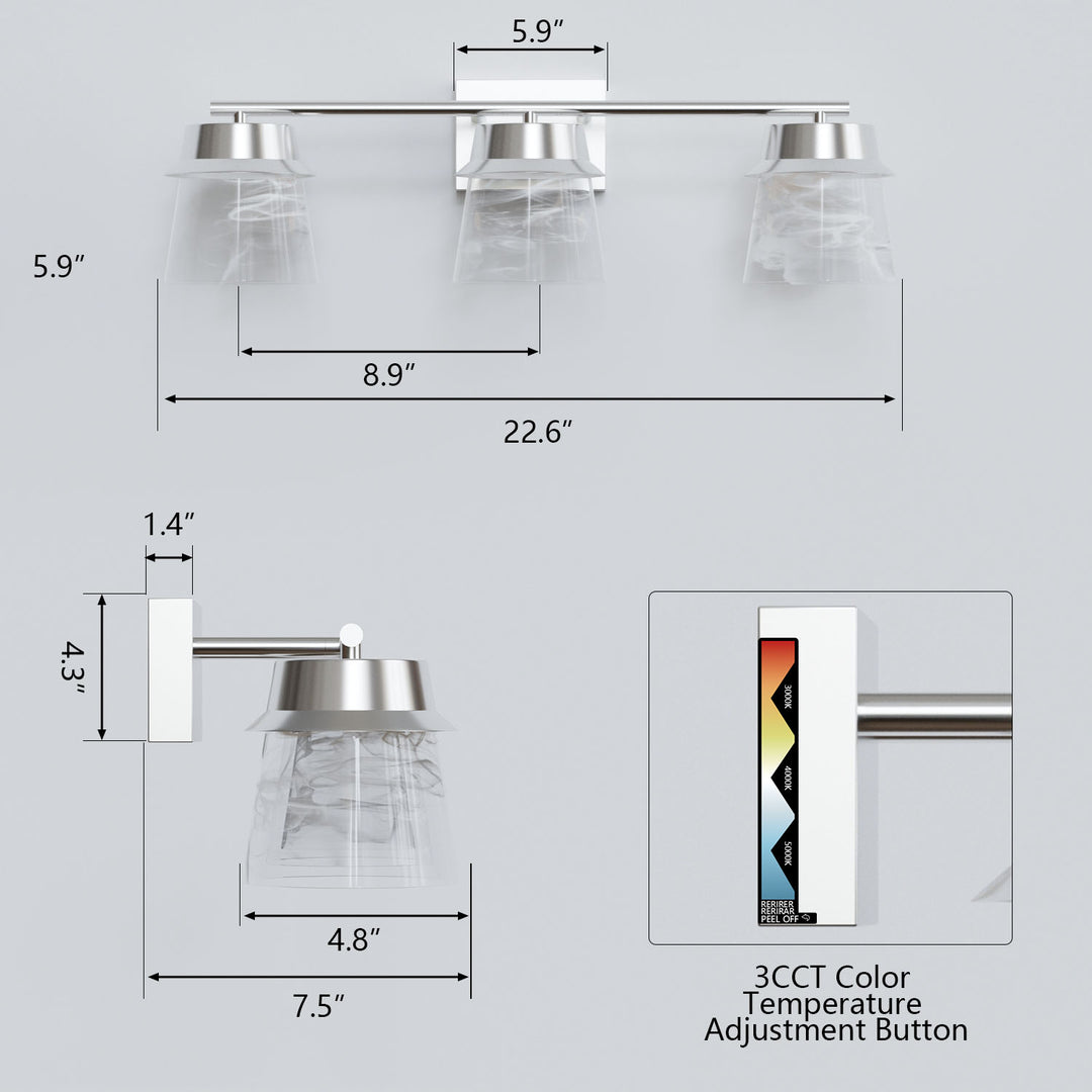Glimmer 22.6w" 3-light Led Dimmable 3000k/4000k/5000k 3cct ETL Certificated Vanity Light With Patterned Glass #MX21055