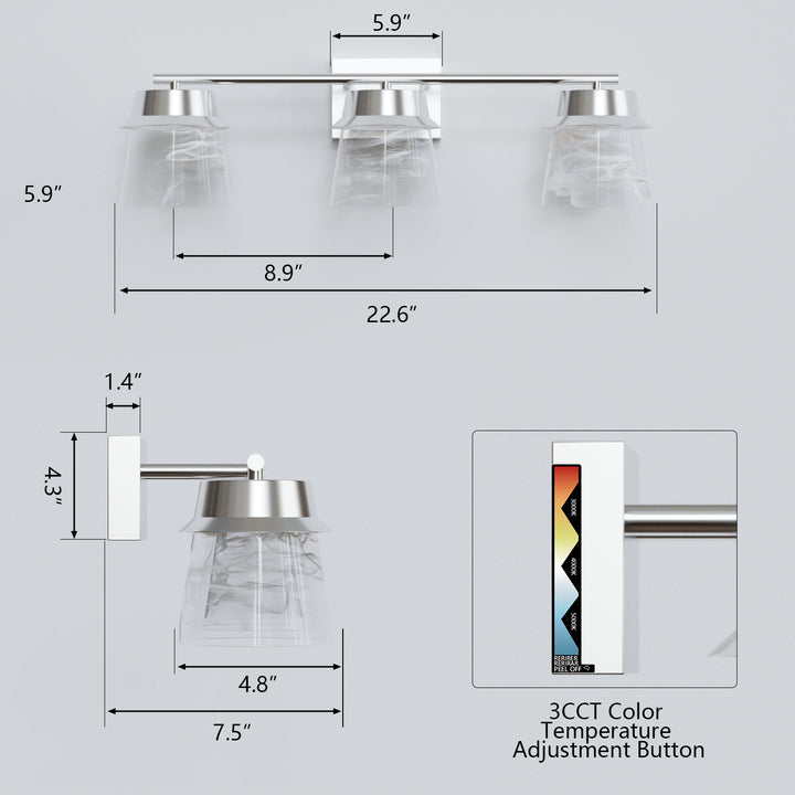 Glimmer 22.6w" 3-light Led Dimmable 3000k/4000k/5000k 3cct ETL Certificated Vanity Light With Patterned Glass #MX21055