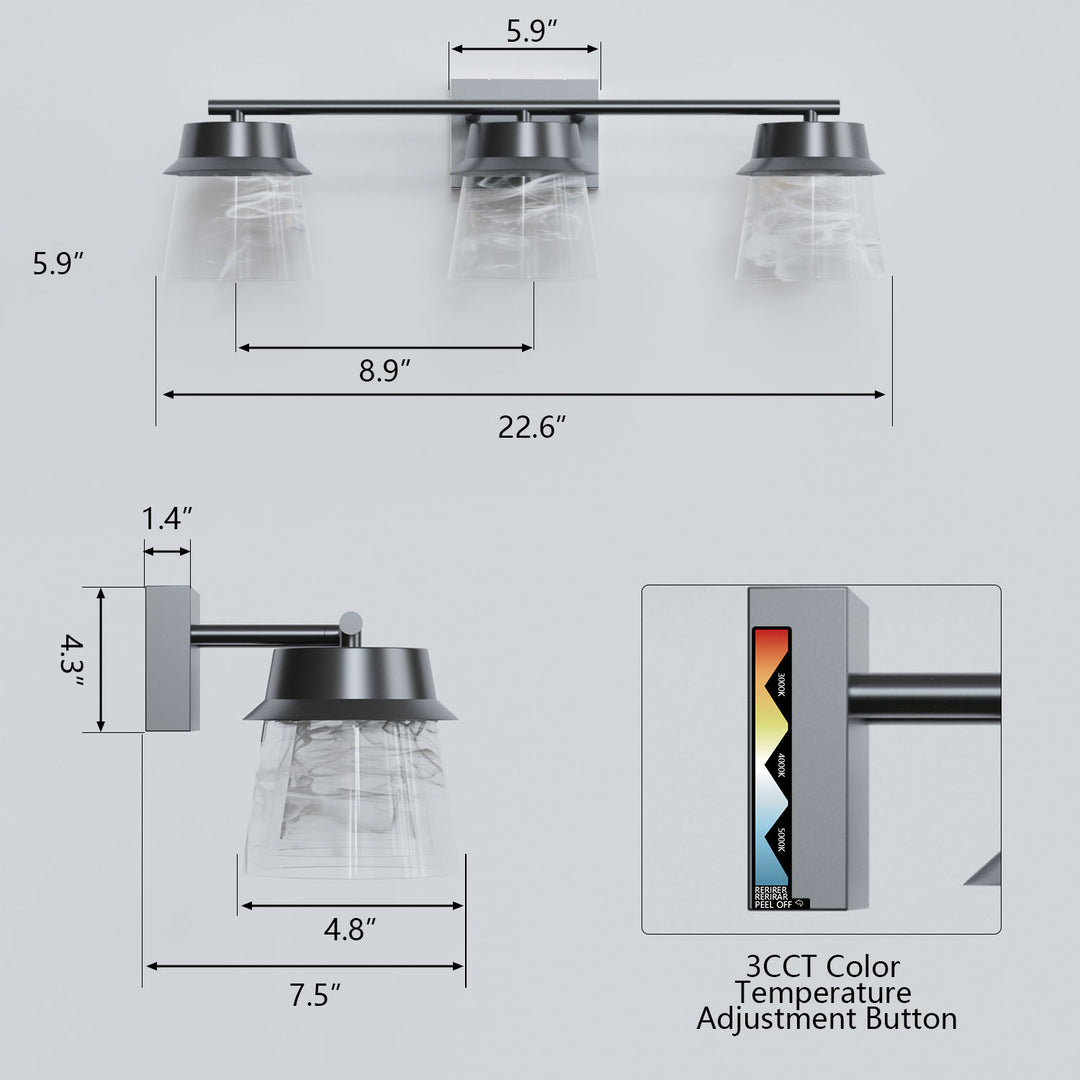 Glimmer 22.6w" 3-light Led Dimmable 3000k/4000k/5000k 3cct ETL Certificated Vanity Light With Patterned Glass #MX21055