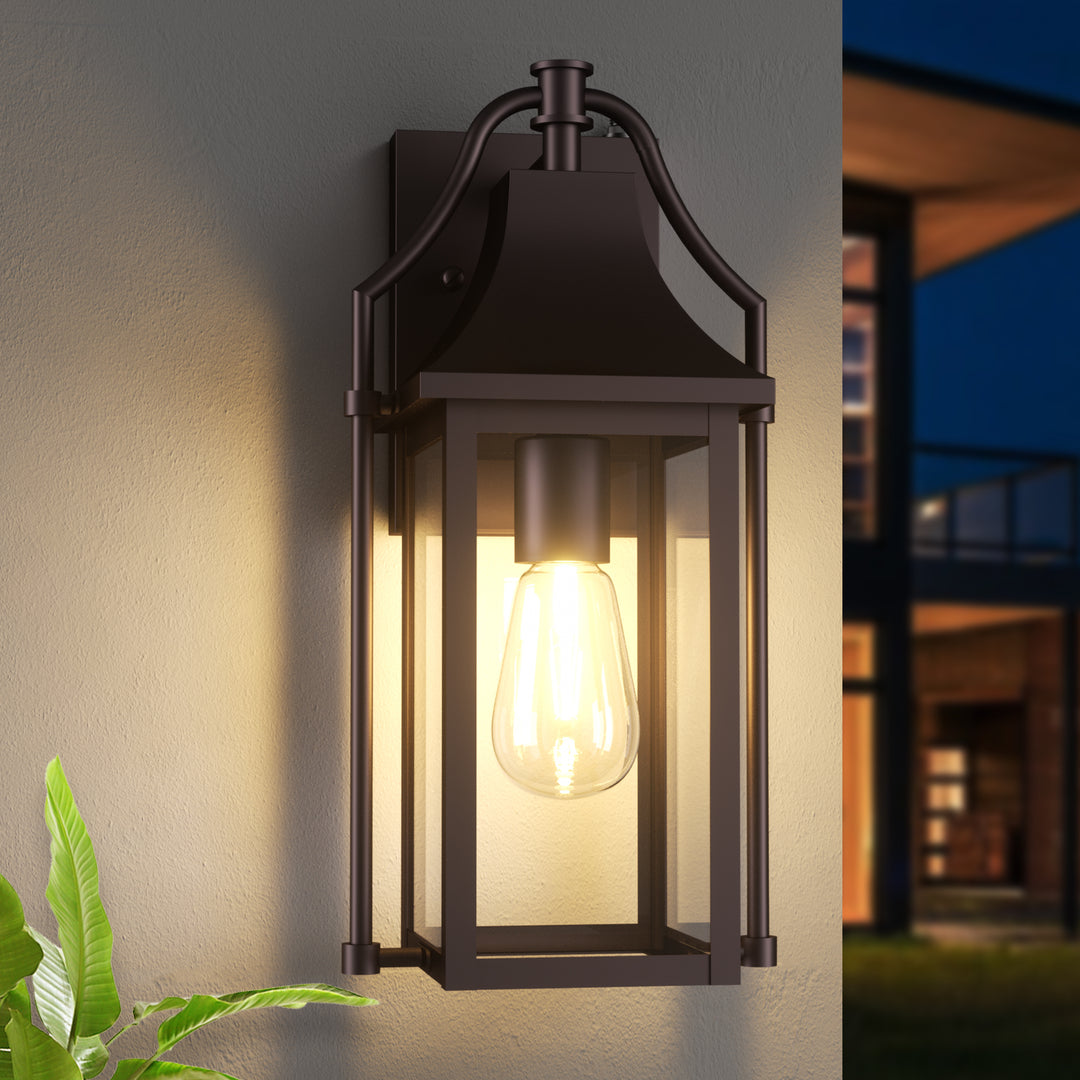 Lawyettle 18" Outdoor Wall Lantern with Dusk to Dawn Sensor, 2-Light Waterproof Brown Wall Sconce with Glass for Porch, Garage, Front Door, Patio #7040