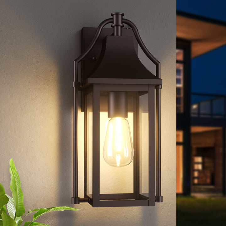 Lawyettle 18" Outdoor Wall Lantern with Dusk to Dawn Sensor, 2-Light Waterproof Brown Wall Sconce with Glass for Porch, Garage, Front Door, Patio #7040
