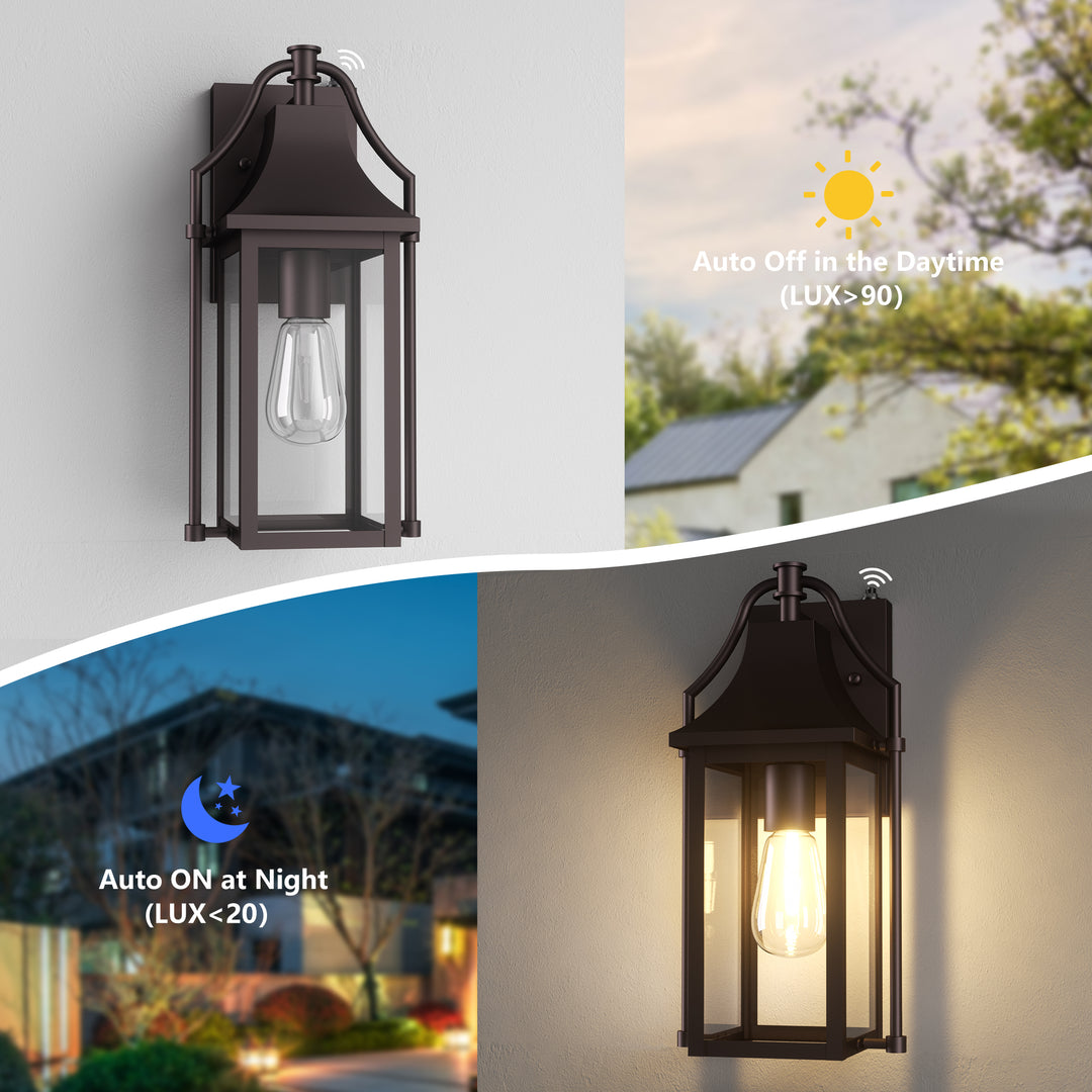 Lawyettle 18" Outdoor Wall Lantern with Dusk to Dawn Sensor, 2-Light Waterproof Brown Wall Sconce with Glass for Porch, Garage, Front Door, Patio #7040