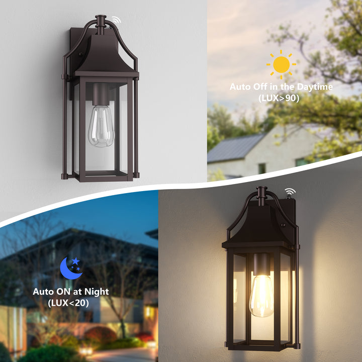 Lawyettle 18" Outdoor Wall Lantern with Dusk to Dawn Sensor, 2-Light Waterproof Brown Wall Sconce with Glass for Porch, Garage, Front Door, Patio #7040