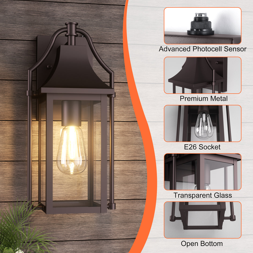 Lawyettle 18" Outdoor Wall Lantern with Dusk to Dawn Sensor, 2-Light Waterproof Brown Wall Sconce with Glass for Porch, Garage, Front Door, Patio #7040