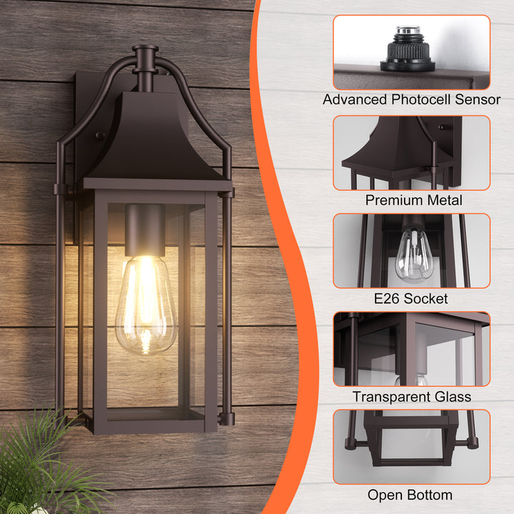 Lawyettle 18" Outdoor Wall Lantern with Dusk to Dawn Sensor, 2-Light Waterproof Brown Wall Sconce with Glass for Porch, Garage, Front Door, Patio #7040