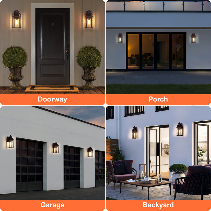 Lawyettle 18" Outdoor Wall Lantern with Dusk to Dawn Sensor, 2-Light Waterproof Brown Wall Sconce with Glass for Porch, Garage, Front Door, Patio #7040