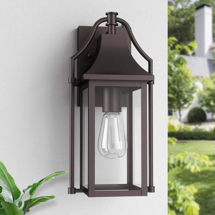 Lawyettle 18" Outdoor Wall Lantern with Dusk to Dawn Sensor, 2-Light Waterproof Brown Wall Sconce with Glass for Porch, Garage, Front Door, Patio #7040