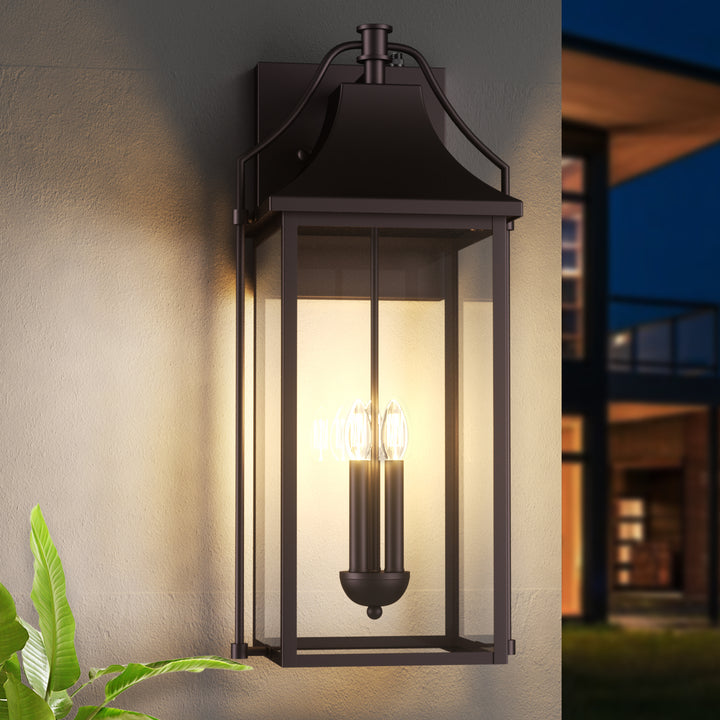 Lawyettle 18" Outdoor Wall Lantern with Dusk to Dawn Sensor, 2-Light Waterproof Brown Wall Sconce with Glass for Porch, Garage, Front Door, Patio #7040