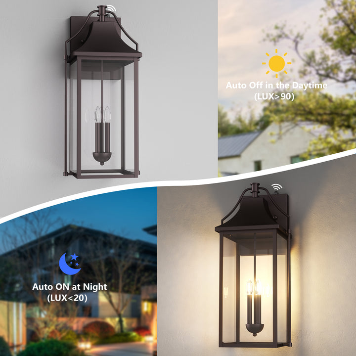 Lawyettle 18" Outdoor Wall Lantern with Dusk to Dawn Sensor, 2-Light Waterproof Brown Wall Sconce with Glass for Porch, Garage, Front Door, Patio #7040