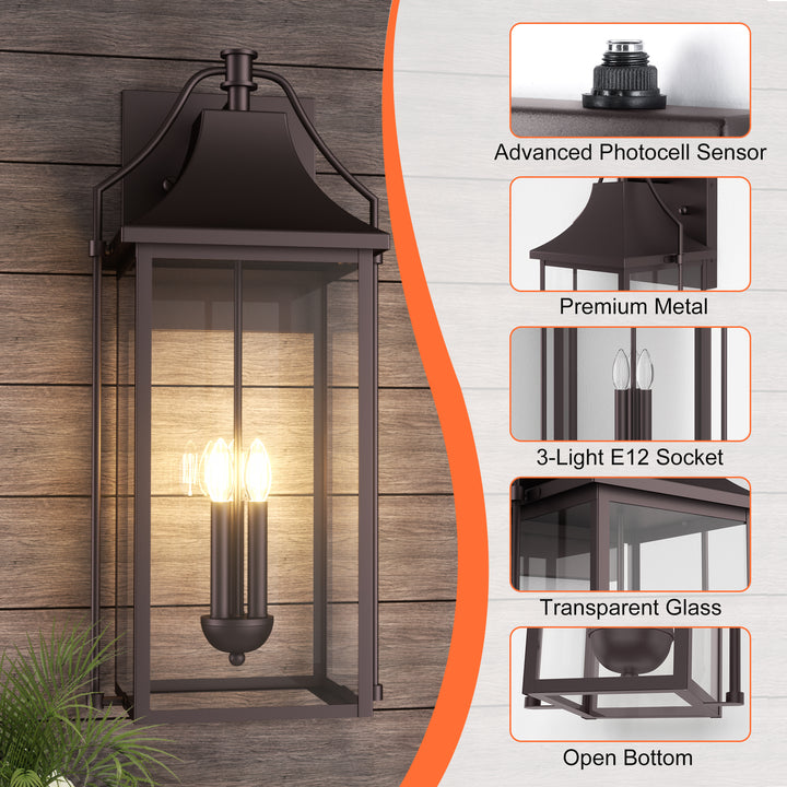 Lawyettle 18" Outdoor Wall Lantern with Dusk to Dawn Sensor, 2-Light Waterproof Brown Wall Sconce with Glass for Porch, Garage, Front Door, Patio #7040