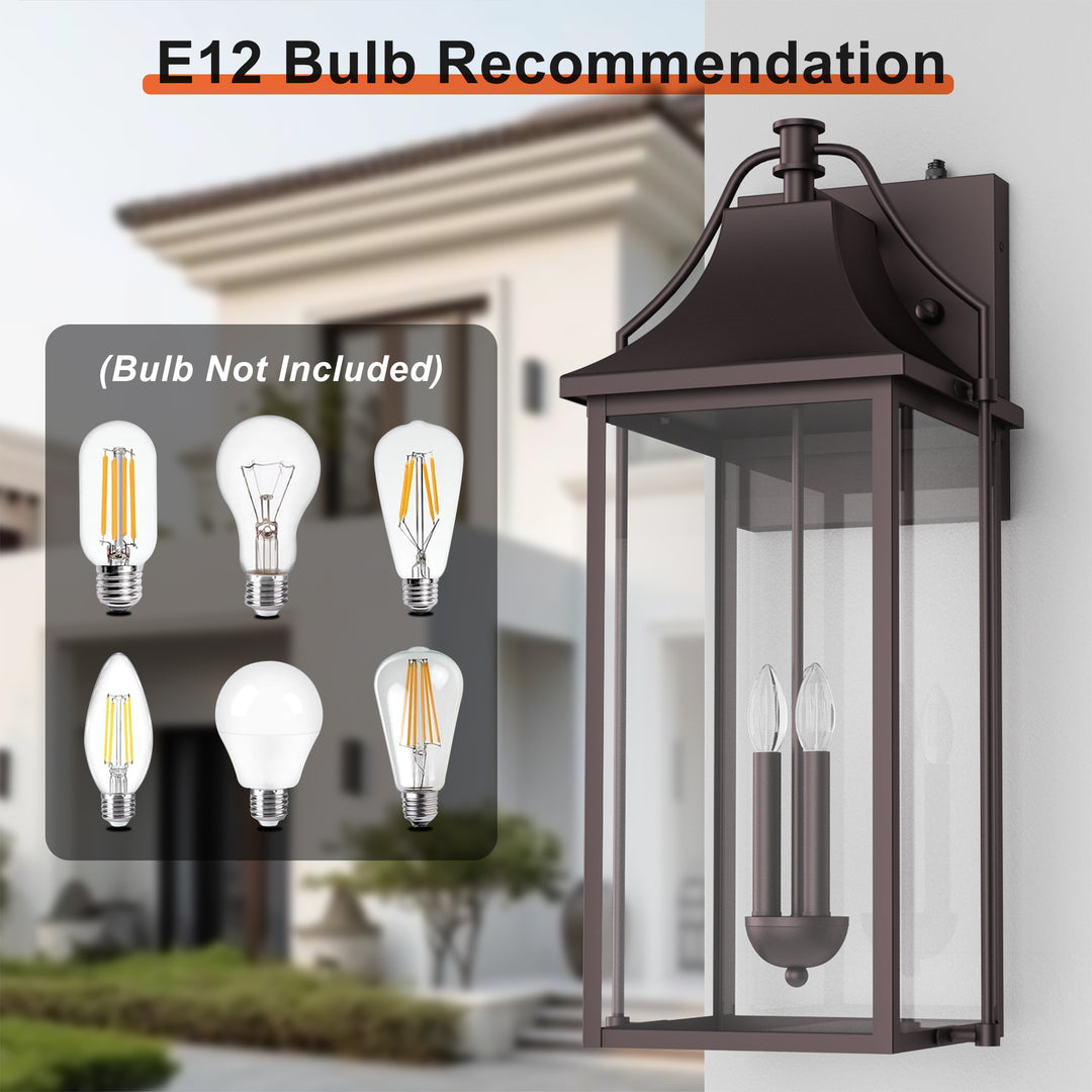 Lawyettle 18" Outdoor Wall Lantern with Dusk to Dawn Sensor, 2-Light Waterproof Brown Wall Sconce with Glass for Porch, Garage, Front Door, Patio #7040