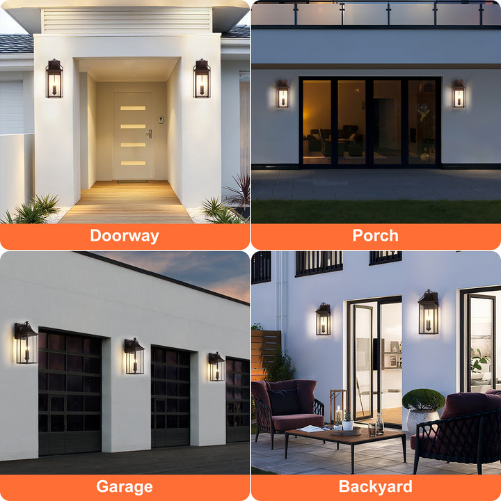 Lawyettle 18" Outdoor Wall Lantern with Dusk to Dawn Sensor, 2-Light Waterproof Brown Wall Sconce with Glass for Porch, Garage, Front Door, Patio #7040