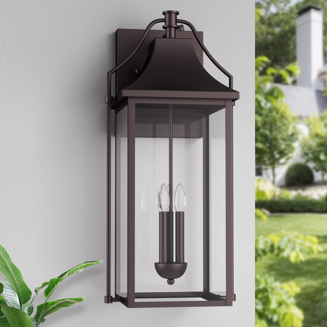 Lawyettle 18" Outdoor Wall Lantern with Dusk to Dawn Sensor, 2-Light Waterproof Brown Wall Sconce with Glass for Porch, Garage, Front Door, Patio #7040