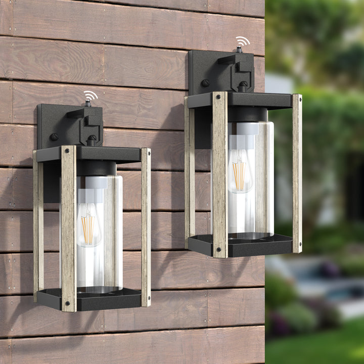 1-light 13''H Black And Wood Grain Iron Etl Outdoor Wall Lantern with Dusk to Dawn #7051