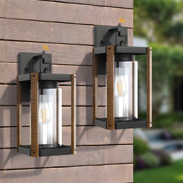 1-light 13''H Black And Wood Grain Iron Etl Outdoor Wall Lantern with Dusk to Dawn #7051