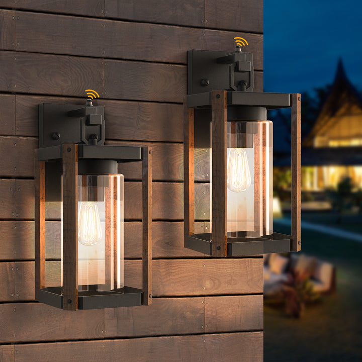 1-light 13''H Black And Wood Grain Iron Etl Outdoor Wall Lantern with Dusk to Dawn #7051