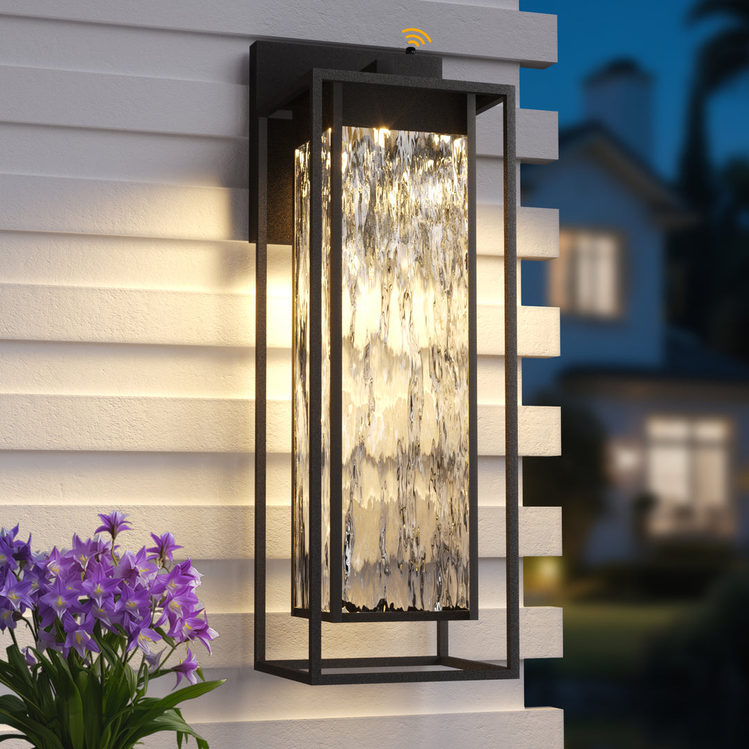 ‎Lawyettle Extra Large Dusk to Dawn LED Outdoor Light, Black Front Door Light, Rippled Glass Wall Sconce Waterproof Exterior Lighting Fixtures, Outdoor Lights for House Garage Patio