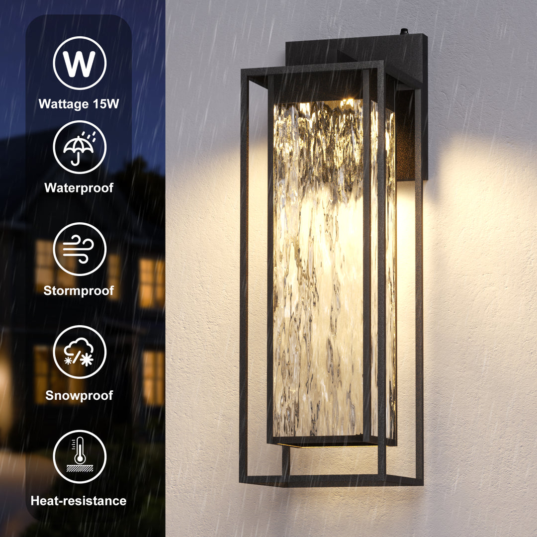 ‎Lawyettle Extra Large Dusk to Dawn LED Outdoor Light, Black Front Door Light, Rippled Glass Wall Sconce Waterproof Exterior Lighting Fixtures, Outdoor Lights for House Garage Patio