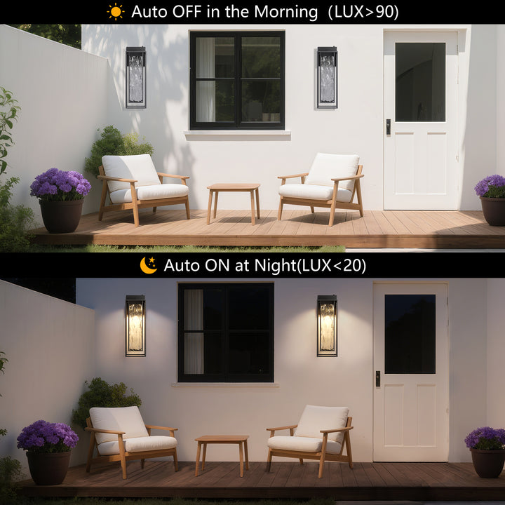 ‎Lawyettle Extra Large Dusk to Dawn LED Outdoor Light, Black Front Door Light, Rippled Glass Wall Sconce Waterproof Exterior Lighting Fixtures, Outdoor Lights for House Garage Patio