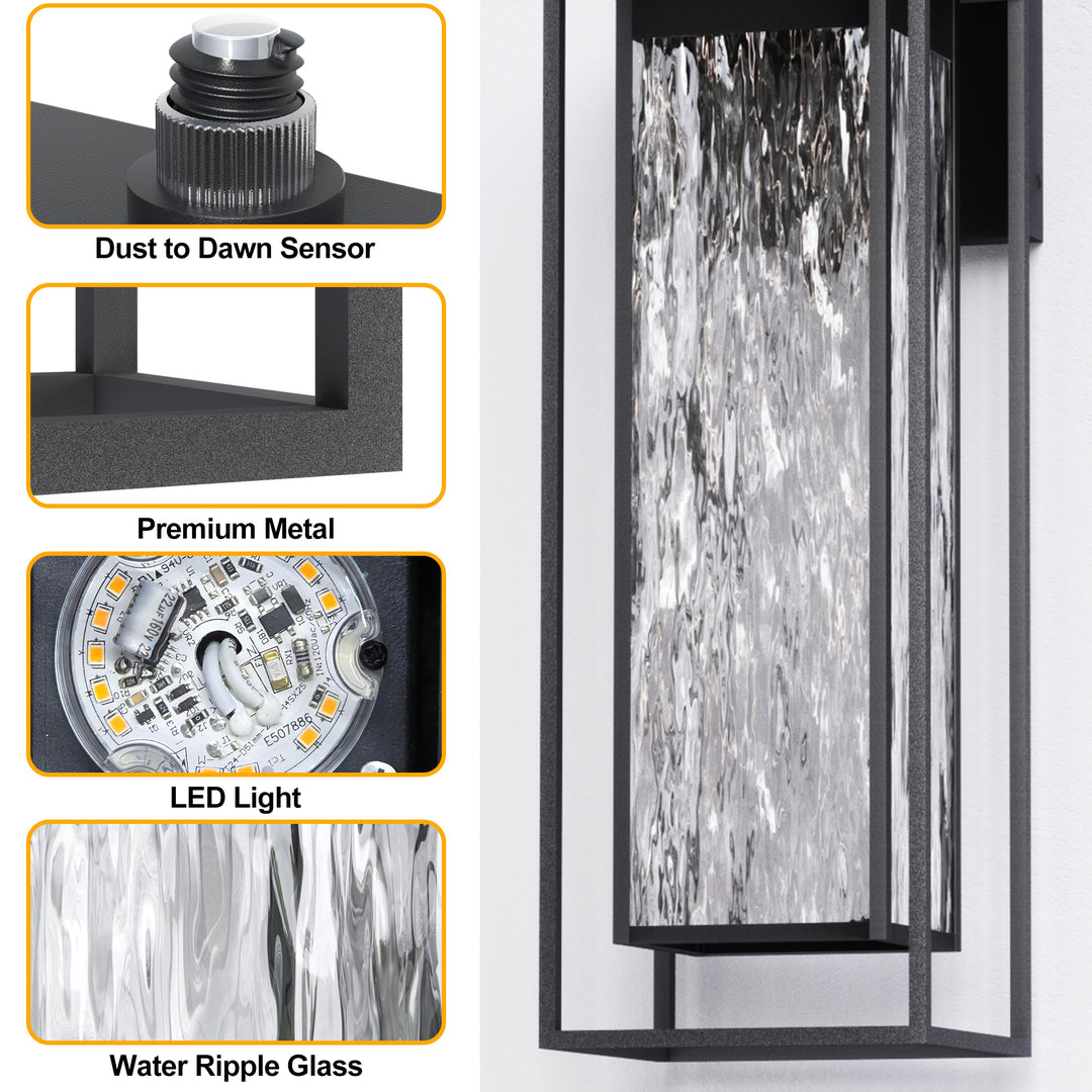 ‎Lawyettle Extra Large Dusk to Dawn LED Outdoor Light, Black Front Door Light, Rippled Glass Wall Sconce Waterproof Exterior Lighting Fixtures, Outdoor Lights for House Garage Patio