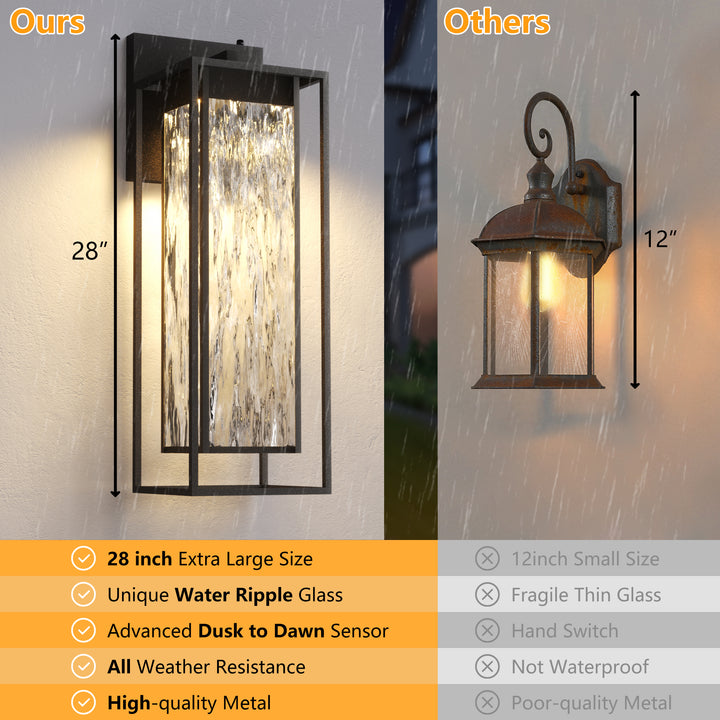 ‎Lawyettle Extra Large Dusk to Dawn LED Outdoor Light, Black Front Door Light, Rippled Glass Wall Sconce Waterproof Exterior Lighting Fixtures, Outdoor Lights for House Garage Patio