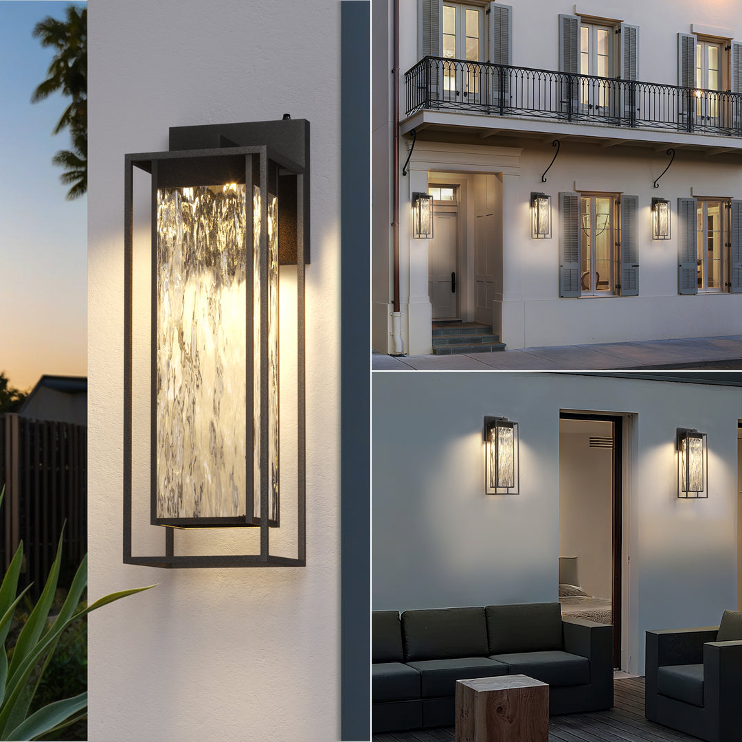 ‎Lawyettle Extra Large Dusk to Dawn LED Outdoor Light, Black Front Door Light, Rippled Glass Wall Sconce Waterproof Exterior Lighting Fixtures, Outdoor Lights for House Garage Patio