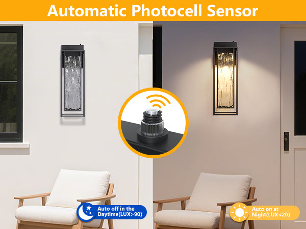 ‎Lawyettle Extra Large Dusk to Dawn LED Outdoor Light, Black Front Door Light, Rippled Glass Wall Sconce Waterproof Exterior Lighting Fixtures, Outdoor Lights for House Garage Patio