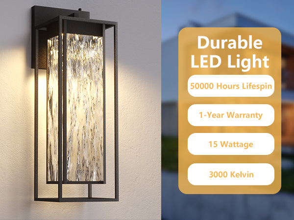 ‎Lawyettle Extra Large Dusk to Dawn LED Outdoor Light, Black Front Door Light, Rippled Glass Wall Sconce Waterproof Exterior Lighting Fixtures, Outdoor Lights for House Garage Patio