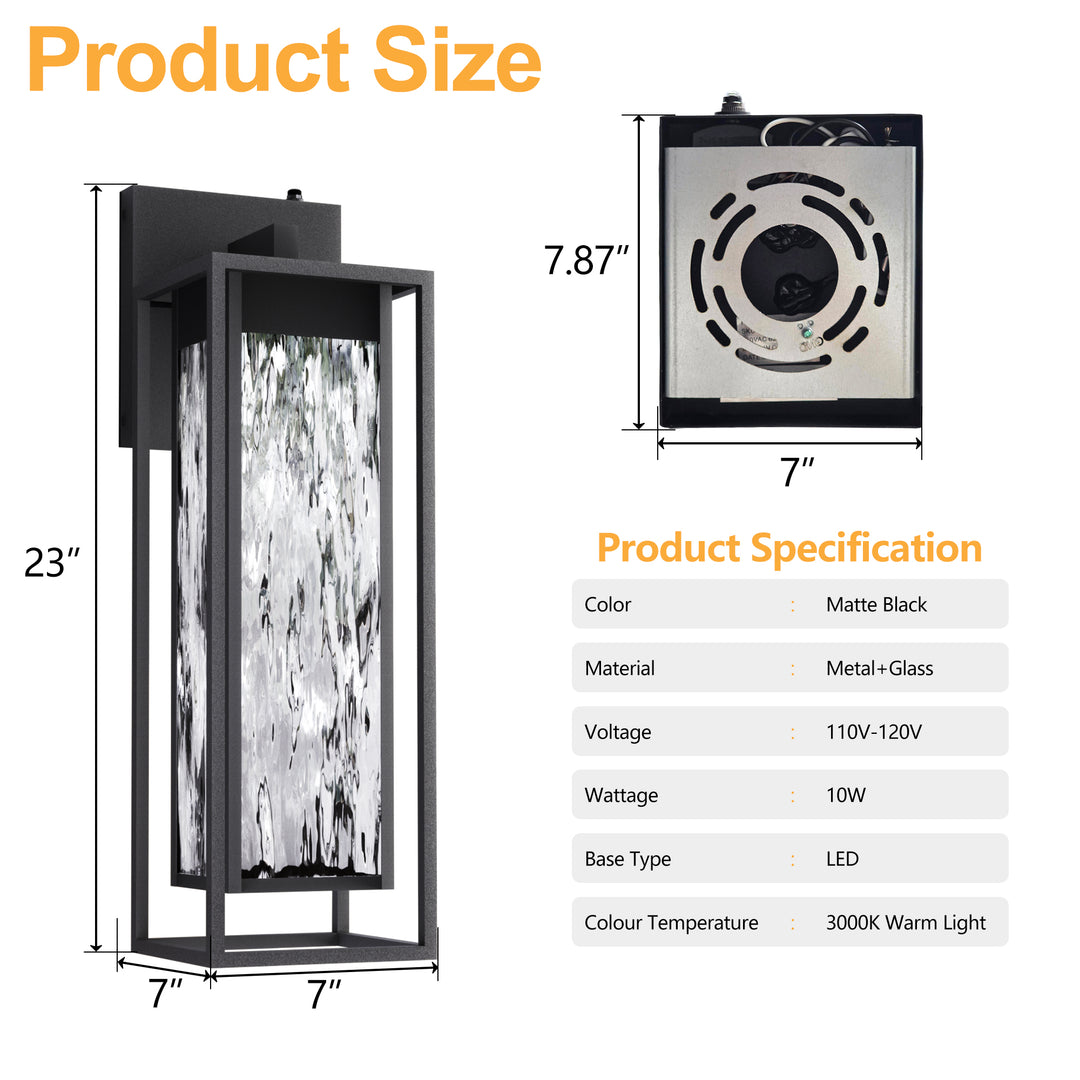 ‎Lawyettle Extra Large Dusk to Dawn LED Outdoor Light, Black Front Door Light, Rippled Glass Wall Sconce Waterproof Exterior Lighting Fixtures, Outdoor Lights for House Garage Patio