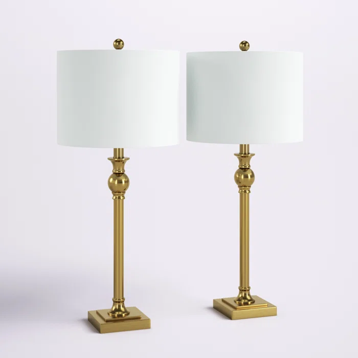 Maxax Gold Metal Table Lamp set of 2 with White Drum Shades #T110