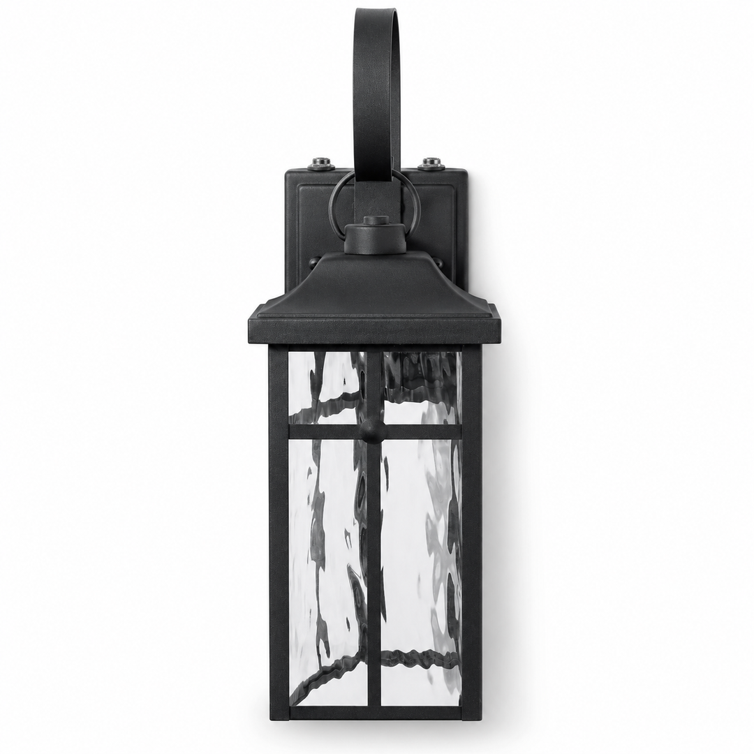 19" 1-Light Farmhouse Outdoor Wall Lantern, Dusk to Dawn &amp; 3CCT Selectable, Waterproof Black Frame with Water Ripple Glass 