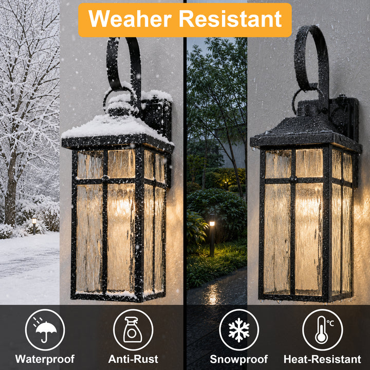 19" 1-Light Farmhouse Outdoor Wall Lantern, Dusk to Dawn &amp; 3CCT Selectable, Waterproof Black Frame with Water Ripple Glass 