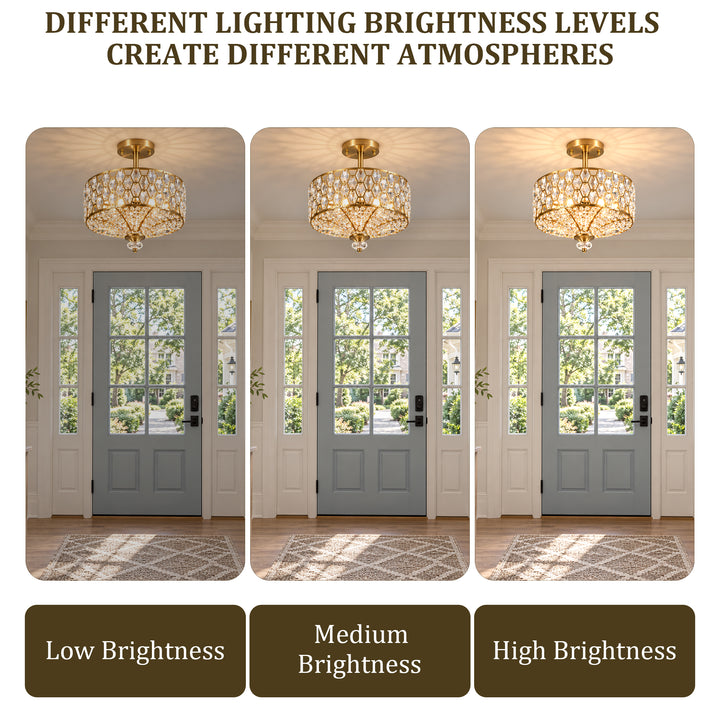 14" 3-Light Polished Brass Drum Semi-Flush Mount Ceiling Light with Crystal Accents for Living Room & Bedroom #19241