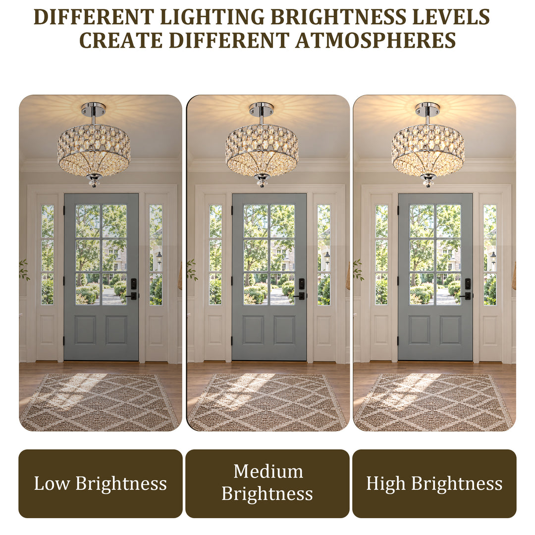14" 3-Light Polished Brass Drum Semi-Flush Mount Ceiling Light with Crystal Accents for Living Room & Bedroom #19241