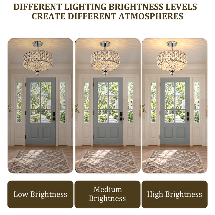 14" 3-Light Polished Brass Drum Semi-Flush Mount Ceiling Light with Crystal Accents for Living Room & Bedroom #19241