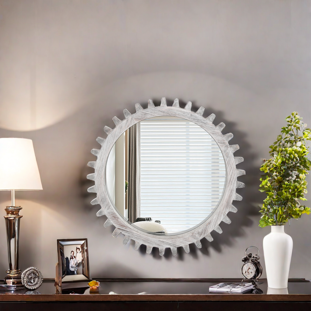 Clarity Wood Round Gear-Shaped Hanging Decorative Wall Mirror #WM-006