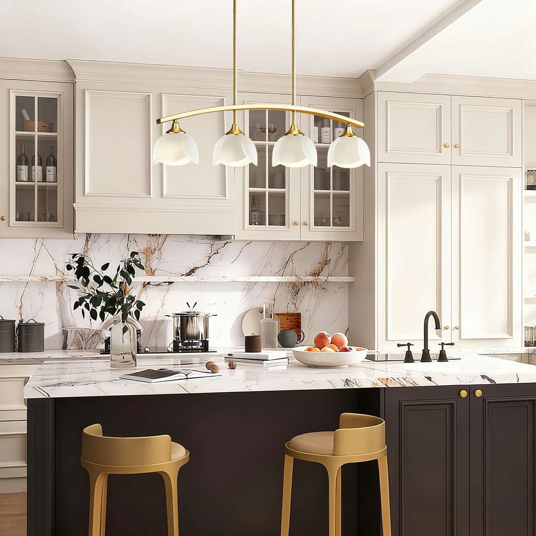Twilight 4-Light 36"W Black/Brass Modern Linear Pendant Chandelier With Flower Frosted Glass Shades For Dining Room Or Kitchen Island #P39015